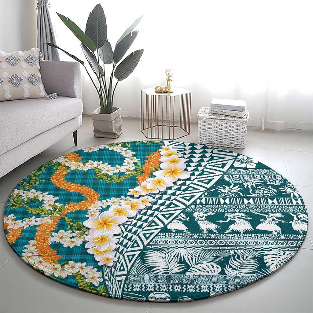 Hawaiian Plumeria Lei Round Carpet Kakau Motifs and Palaka Half Style Turquoise Color - Polynesian Pride