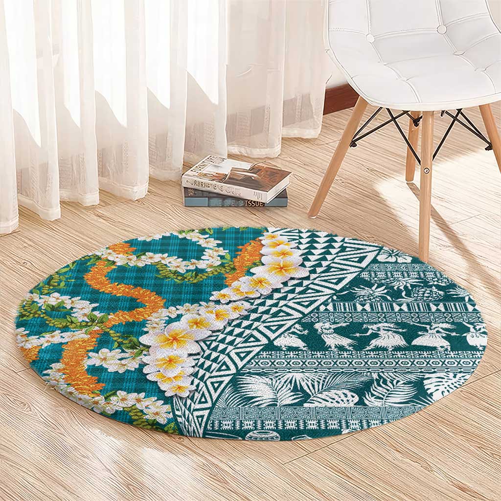 Hawaiian Plumeria Lei Round Carpet Kakau Motifs and Palaka Half Style Turquoise Color - Polynesian Pride
