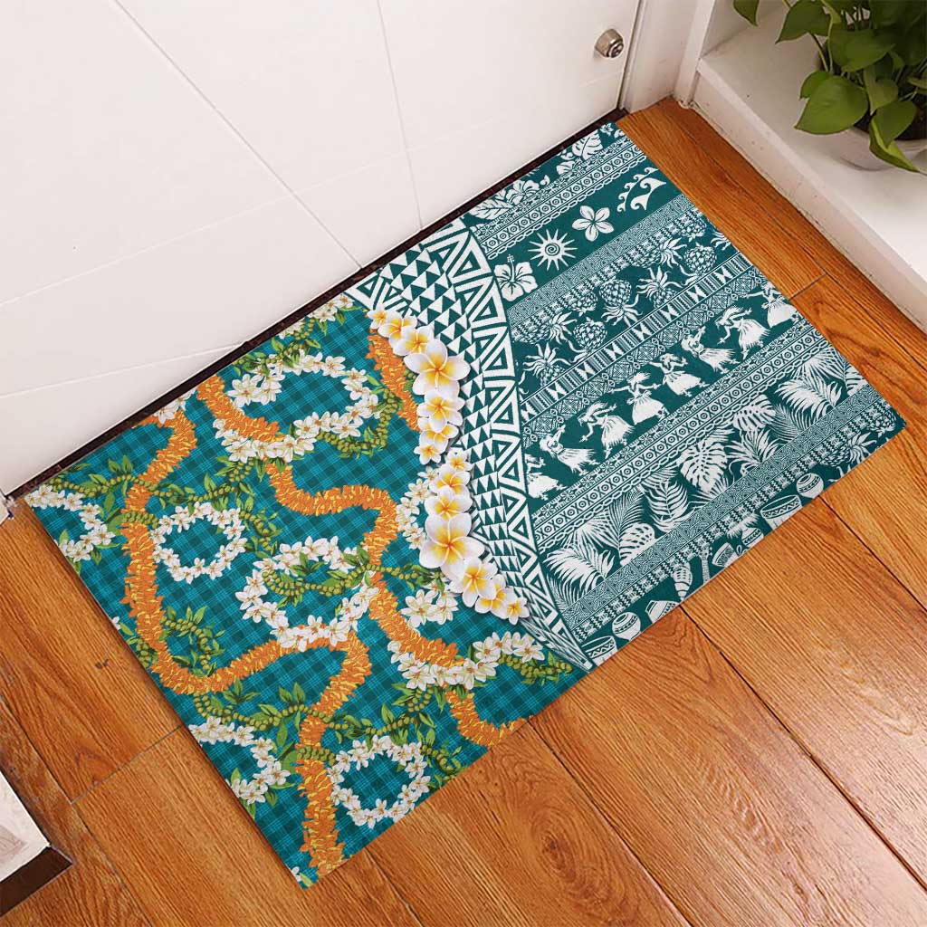 Hawaiian Plumeria Lei Rubber Doormat Kakau Motifs and Palaka Half Style Turquoise Color - Polynesian Pride