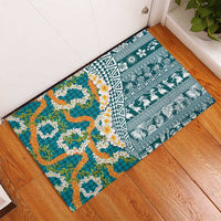 Hawaiian Plumeria Lei Rubber Doormat Kakau Motifs and Palaka Half Style Turquoise Color - Polynesian Pride