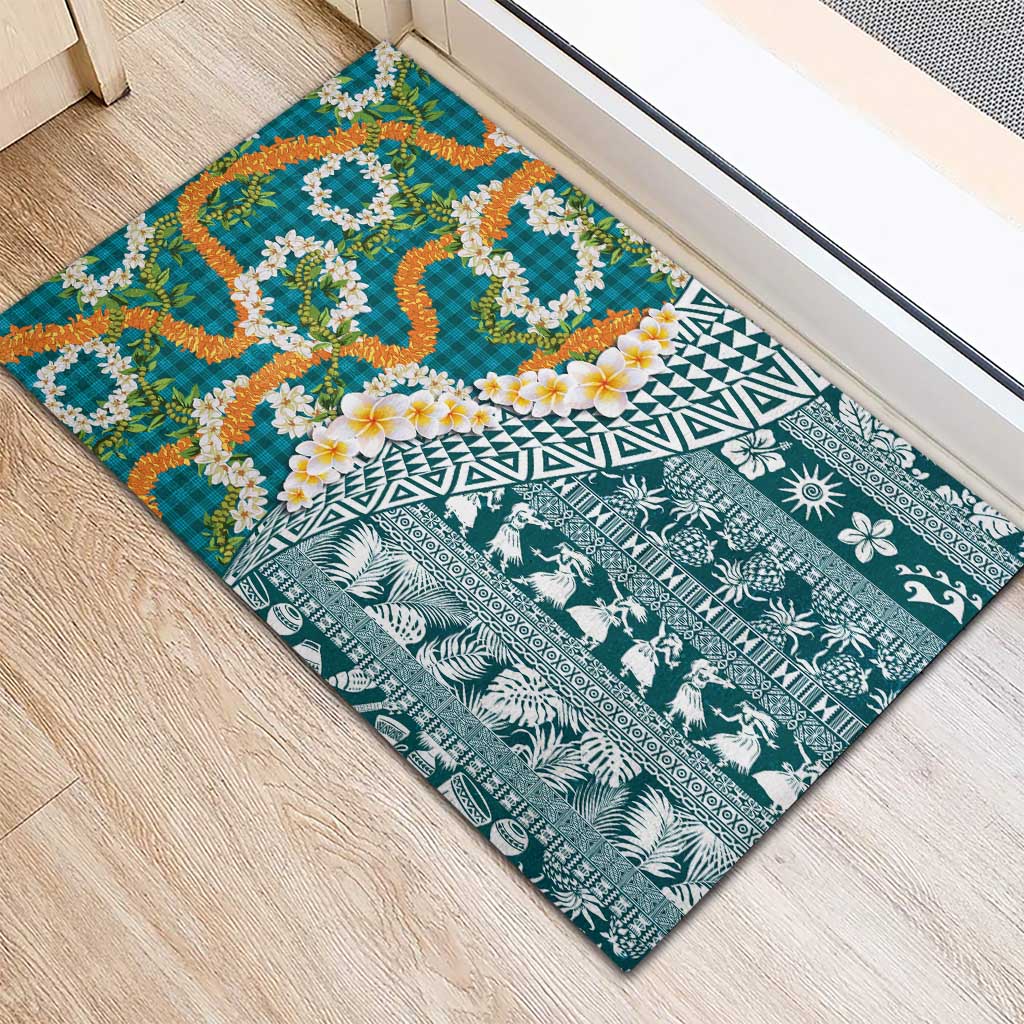Hawaiian Plumeria Lei Rubber Doormat Kakau Motifs and Palaka Half Style Turquoise Color - Polynesian Pride