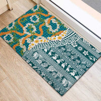 Hawaiian Plumeria Lei Rubber Doormat Kakau Motifs and Palaka Half Style Turquoise Color - Polynesian Pride
