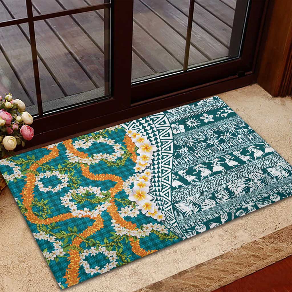 Hawaiian Plumeria Lei Rubber Doormat Kakau Motifs and Palaka Half Style Turquoise Color - Polynesian Pride