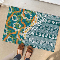 Hawaiian Plumeria Lei Rubber Doormat Kakau Motifs and Palaka Half Style Turquoise Color - Polynesian Pride