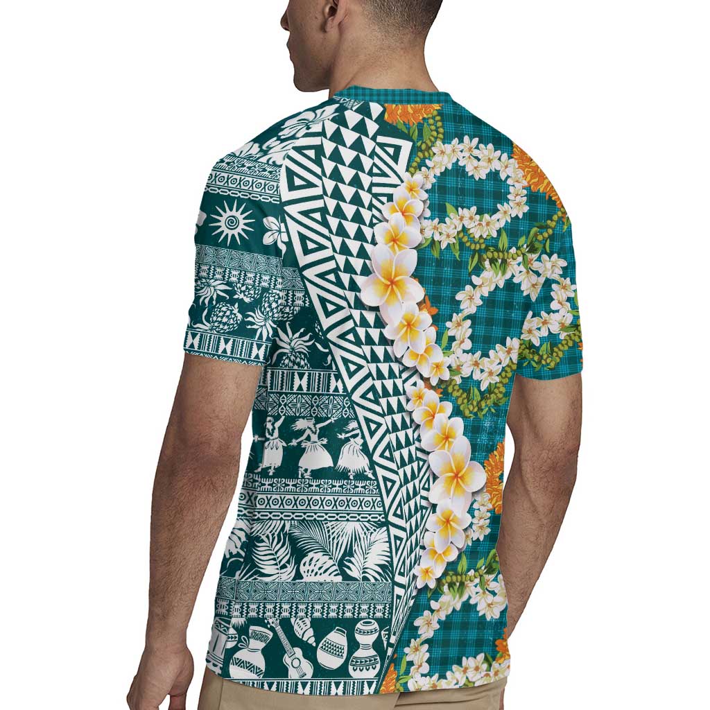 Hawaiian Plumeria Lei Rugby Jersey Kakau Motifs and Palaka Half Style Turquoise Color - Polynesian Pride