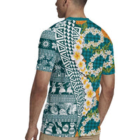 Hawaiian Plumeria Lei Rugby Jersey Kakau Motifs and Palaka Half Style Turquoise Color - Polynesian Pride