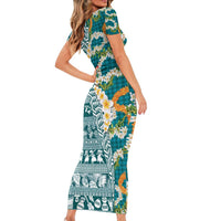 Hawaiian Plumeria Lei Short Sleeve Bodycon Dress Kakau Motifs and Palaka Half Style Turquoise Color - Polynesian Pride