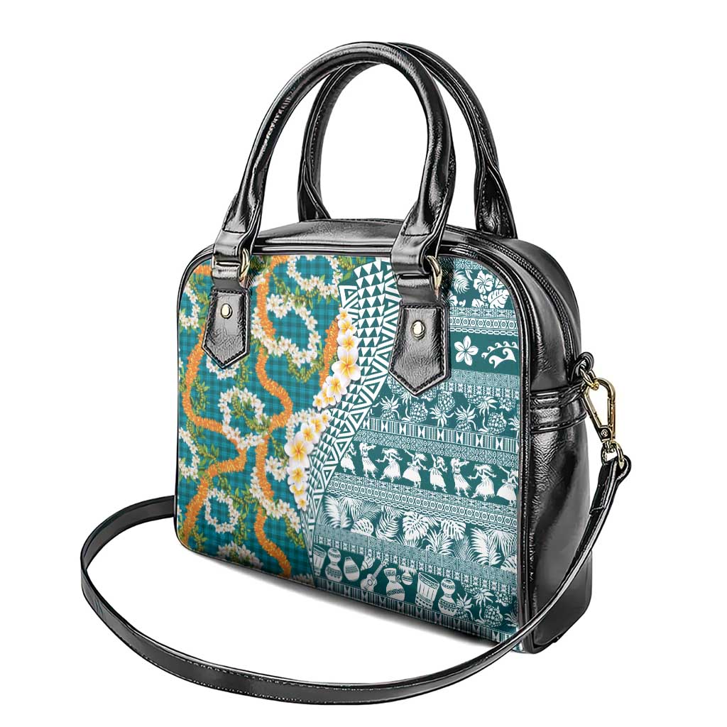 Hawaiian Plumeria Lei Shoulder Handbag Kakau Motifs and Palaka Half Style Turquoise Color - Polynesian Pride