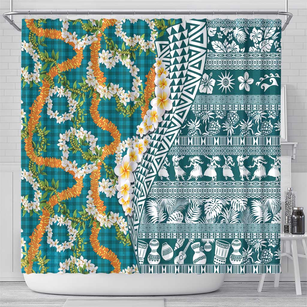 Hawaiian Plumeria Lei Shower Curtain Kakau Motifs and Palaka Half Style Turquoise Color - Polynesian Pride