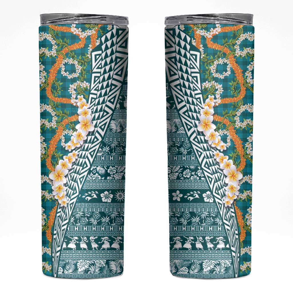 Hawaiian Plumeria Lei Skinny Tumbler Kakau Motifs and Palaka Half Style Turquoise Color - Polynesian Pride