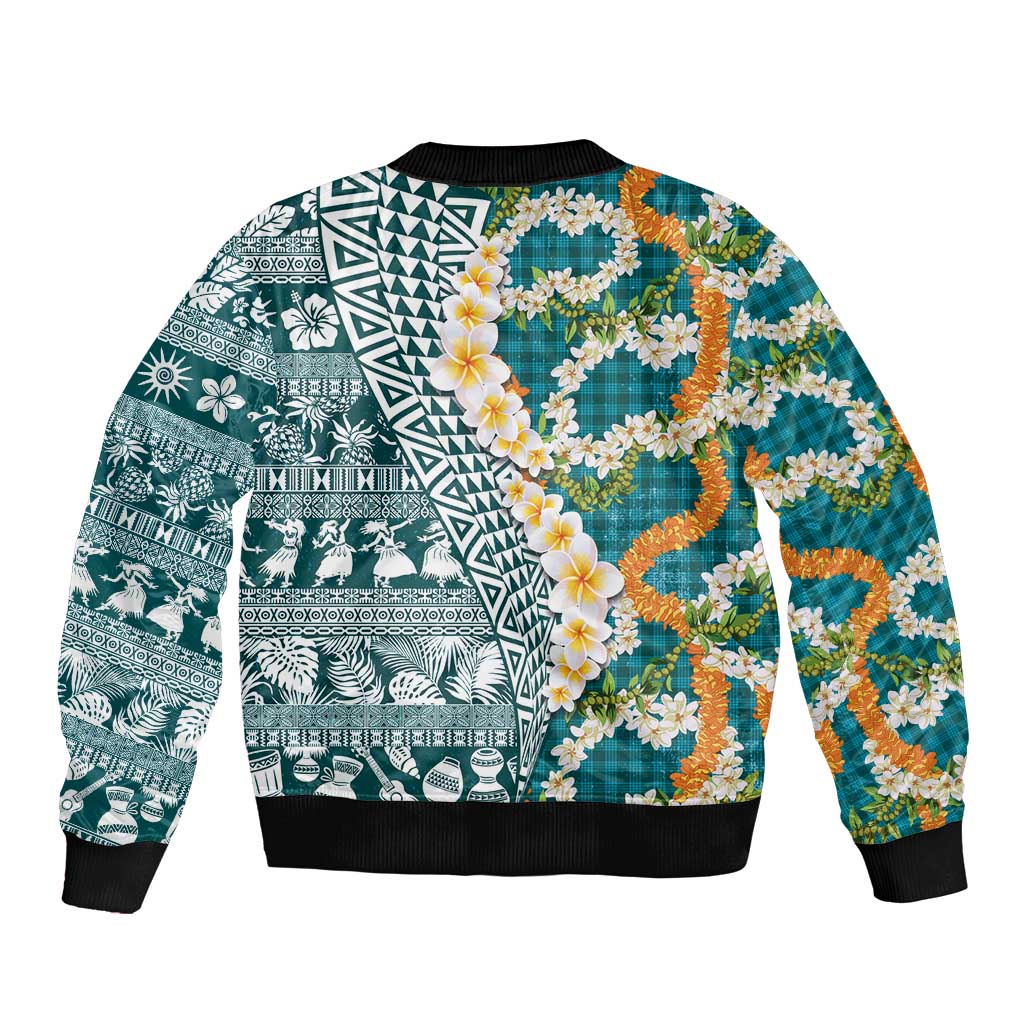 Hawaiian Plumeria Lei Sleeve Zip Bomber Jacket Kakau Motifs and Palaka Half Style Turquoise Color - Polynesian Pride