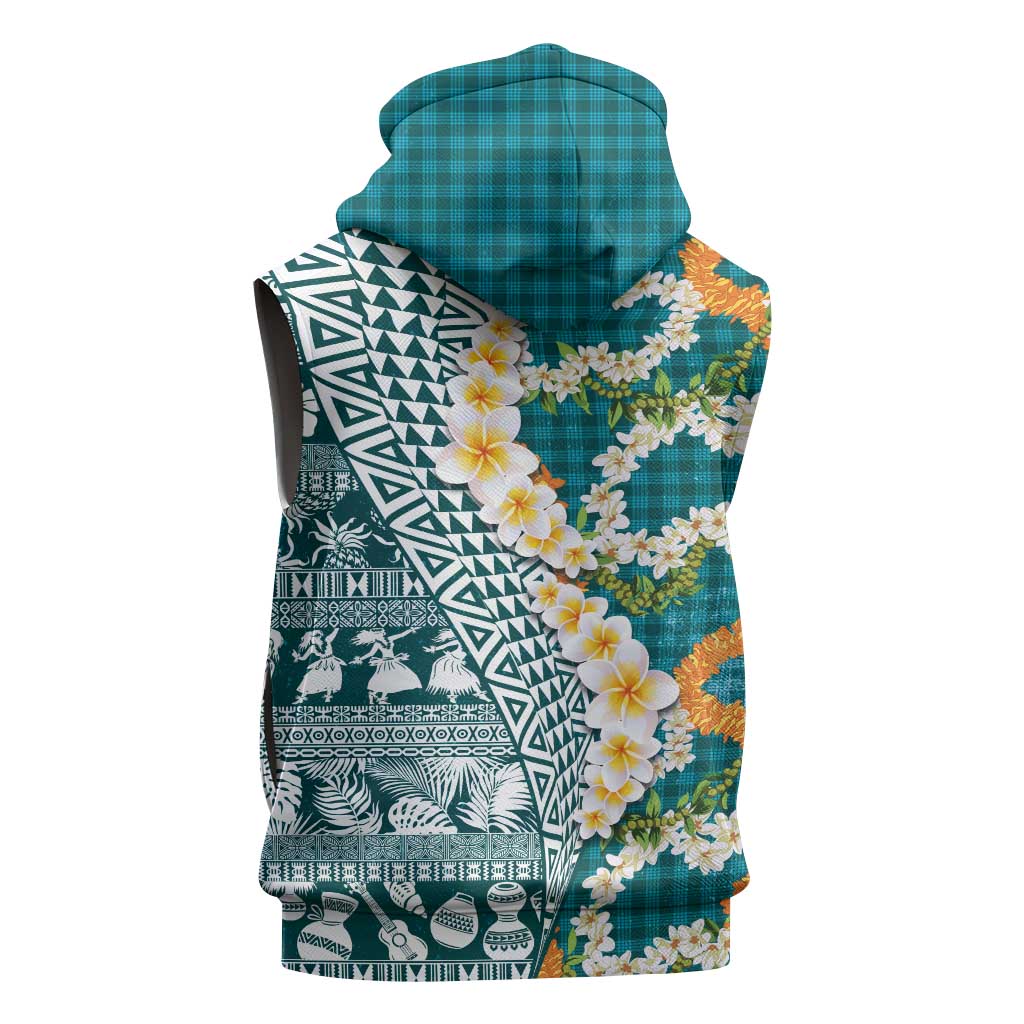 Hawaiian Plumeria Lei Sleeveless Hoodie Kakau Motifs and Palaka Half Style Turquoise Color - Polynesian Pride