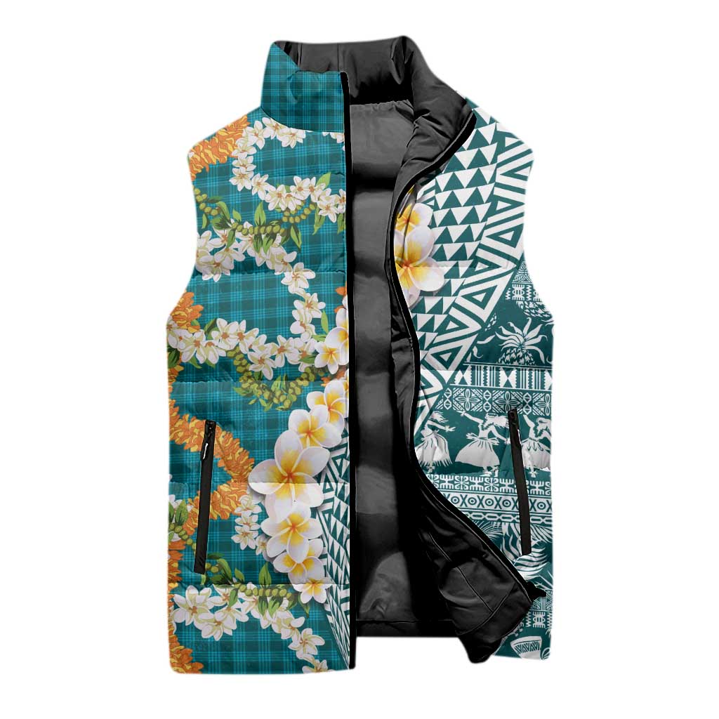 Hawaiian Plumeria Lei Sleeveless Puffer Jacket Kakau Motifs and Palaka Half Style Turquoise Color - Polynesian Pride