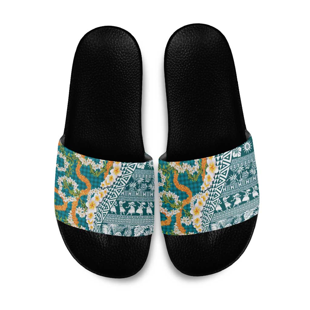 Hawaiian Plumeria Lei Slide Sandals Kakau Motifs and Palaka Half Style Turquoise Color - Polynesian Pride