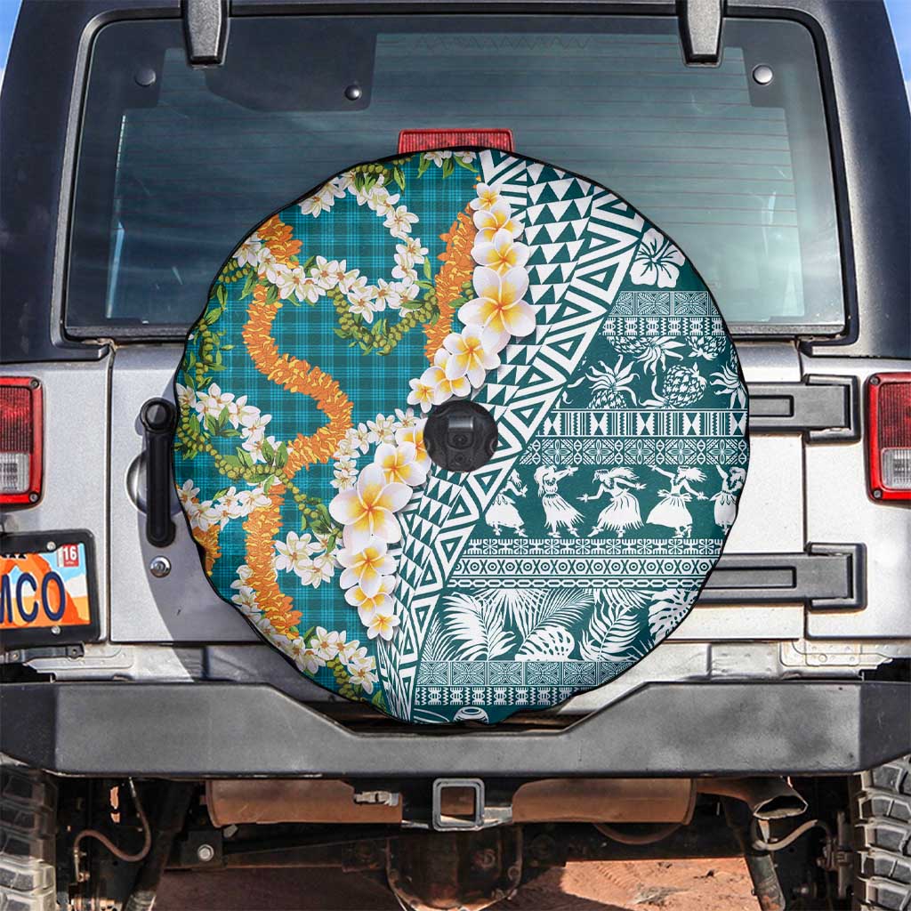 Hawaiian Plumeria Lei Spare Tire Cover Kakau Motifs and Palaka Half Style Turquoise Color - Polynesian Pride