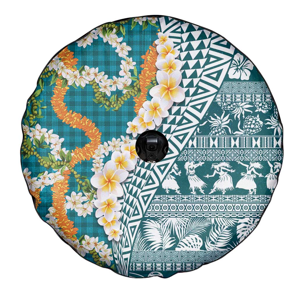 Hawaiian Plumeria Lei Spare Tire Cover Kakau Motifs and Palaka Half Style Turquoise Color - Polynesian Pride
