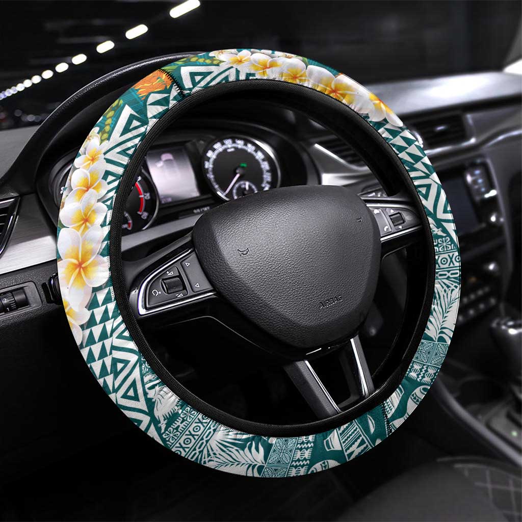 Hawaiian Plumeria Lei Steering Wheel Cover Kakau Motifs and Palaka Half Style Turquoise Color - Polynesian Pride