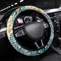 Hawaiian Plumeria Lei Steering Wheel Cover Kakau Motifs and Palaka Half Style Turquoise Color - Polynesian Pride