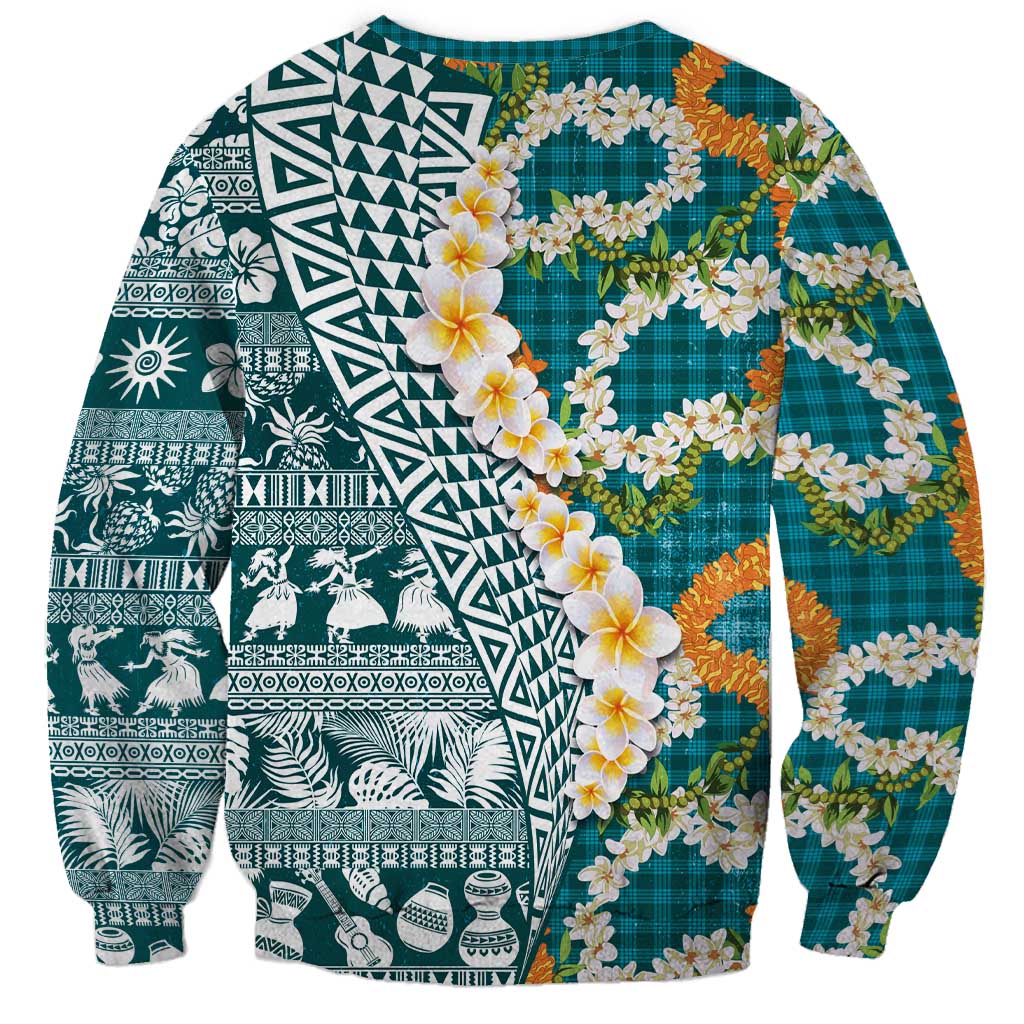 Hawaiian Plumeria Lei Sweatshirt Kakau Motifs and Palaka Half Style Turquoise Color - Polynesian Pride