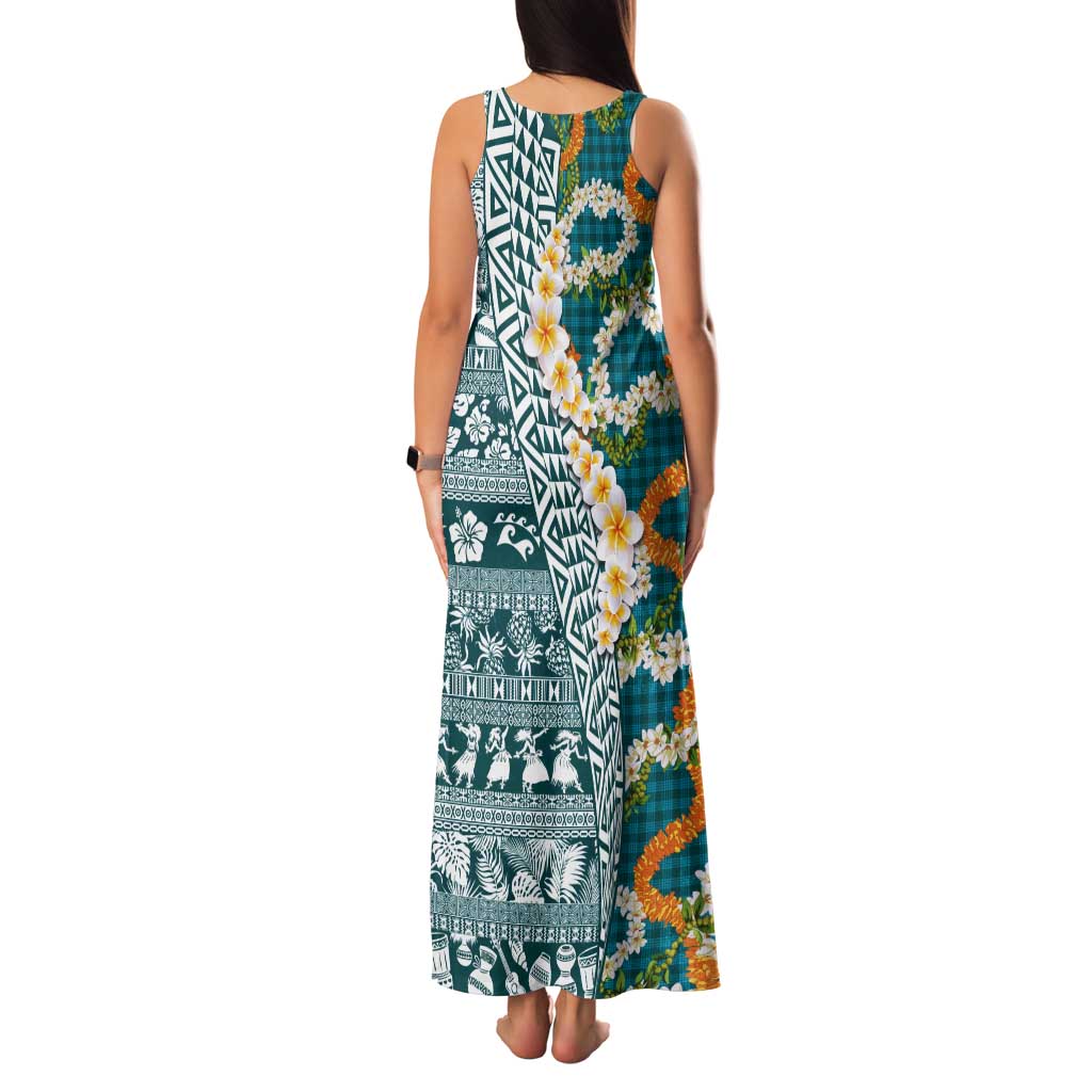 Hawaiian Plumeria Lei Tank Maxi Dress Kakau Motifs and Palaka Half Style Turquoise Color - Polynesian Pride