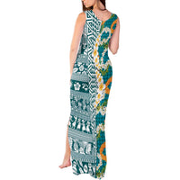 Hawaiian Plumeria Lei Tank Maxi Dress Kakau Motifs and Palaka Half Style Turquoise Color - Polynesian Pride
