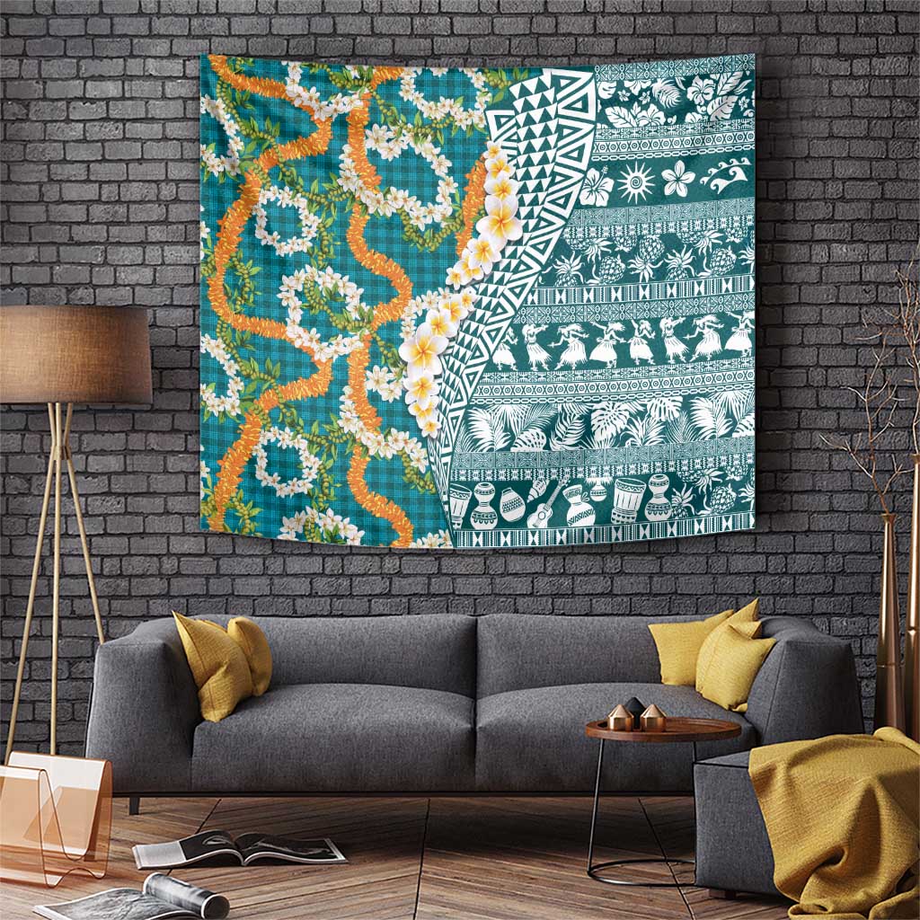 Hawaiian Plumeria Lei Tapestry Kakau Motifs and Palaka Half Style Turquoise Color - Polynesian Pride