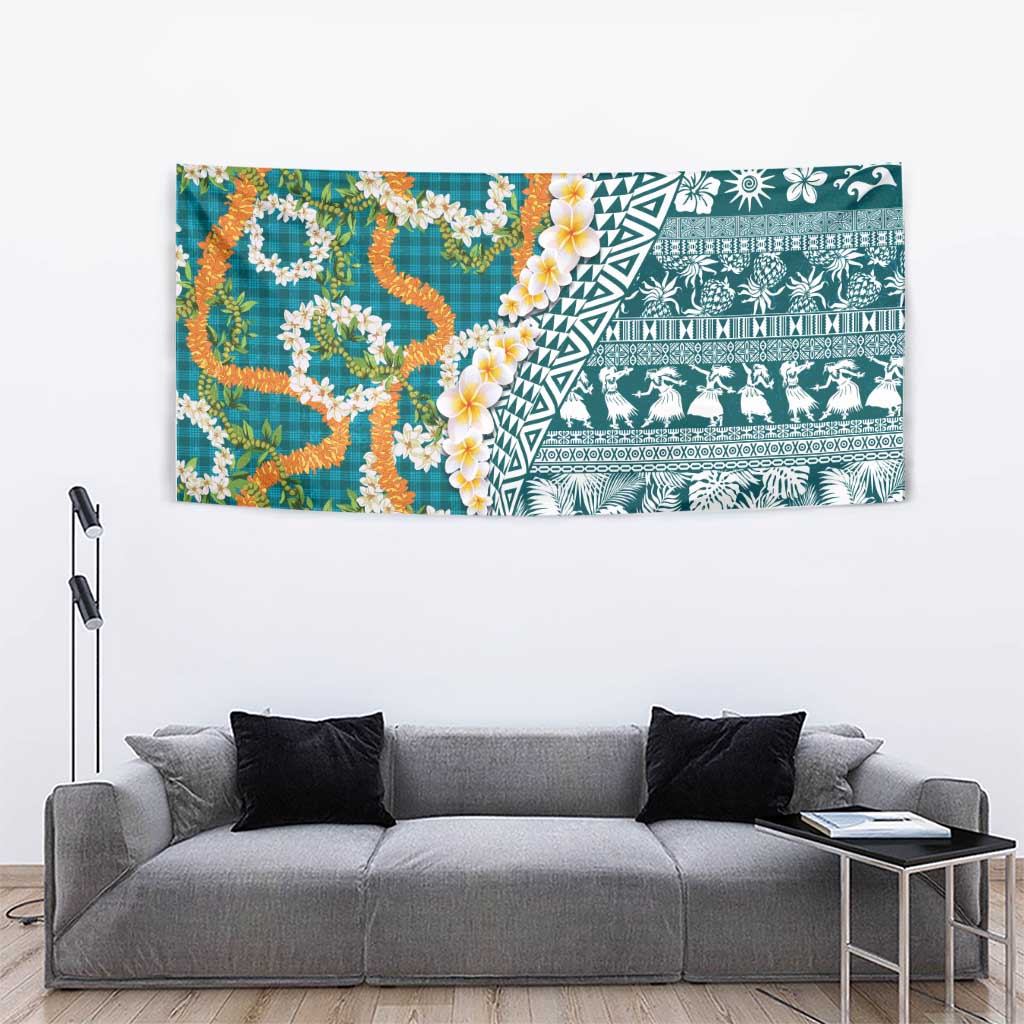 Hawaiian Plumeria Lei Tapestry Kakau Motifs and Palaka Half Style Turquoise Color - Polynesian Pride