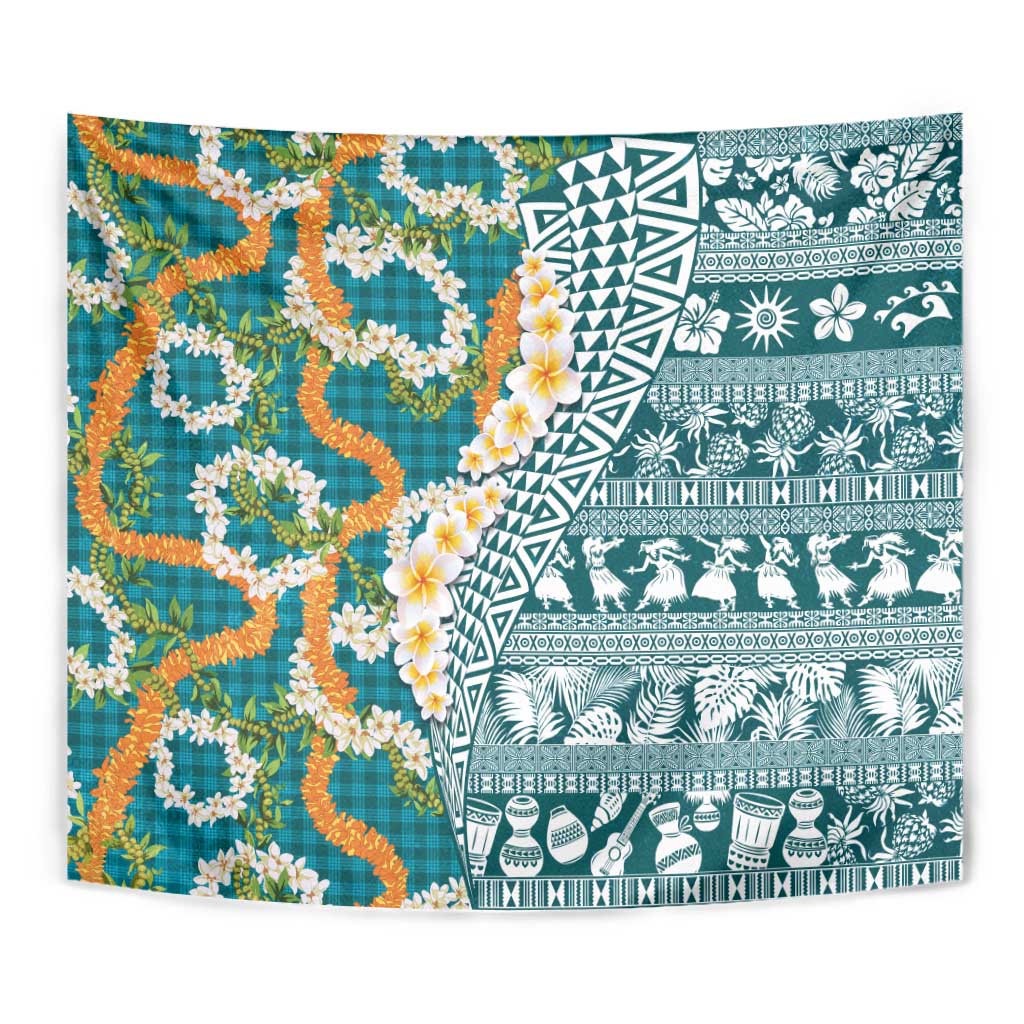 Hawaiian Plumeria Lei Tapestry Kakau Motifs and Palaka Half Style Turquoise Color - Polynesian Pride