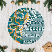 Hawaiian Plumeria Lei Tree Skirt Kakau Motifs and Palaka Half Style Turquoise Color - Polynesian Pride