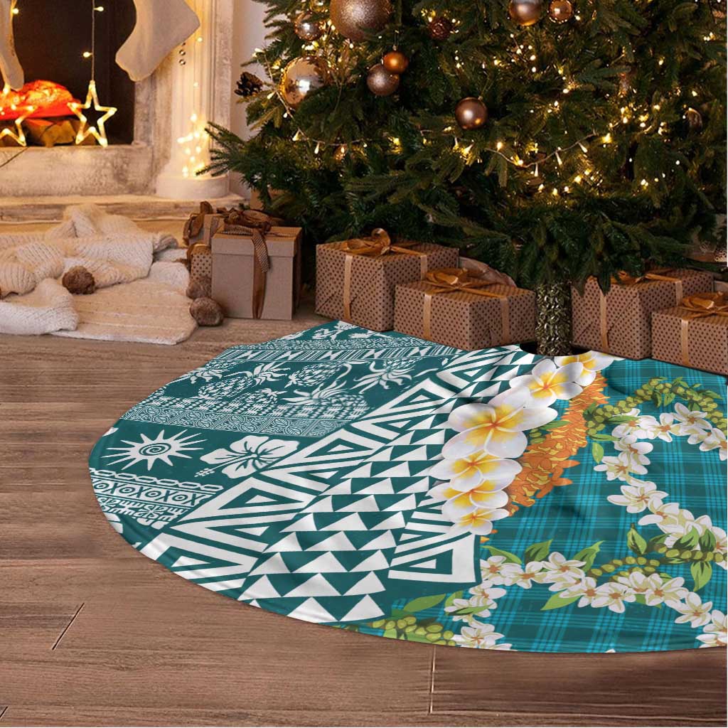 Hawaiian Plumeria Lei Tree Skirt Kakau Motifs and Palaka Half Style Turquoise Color - Polynesian Pride