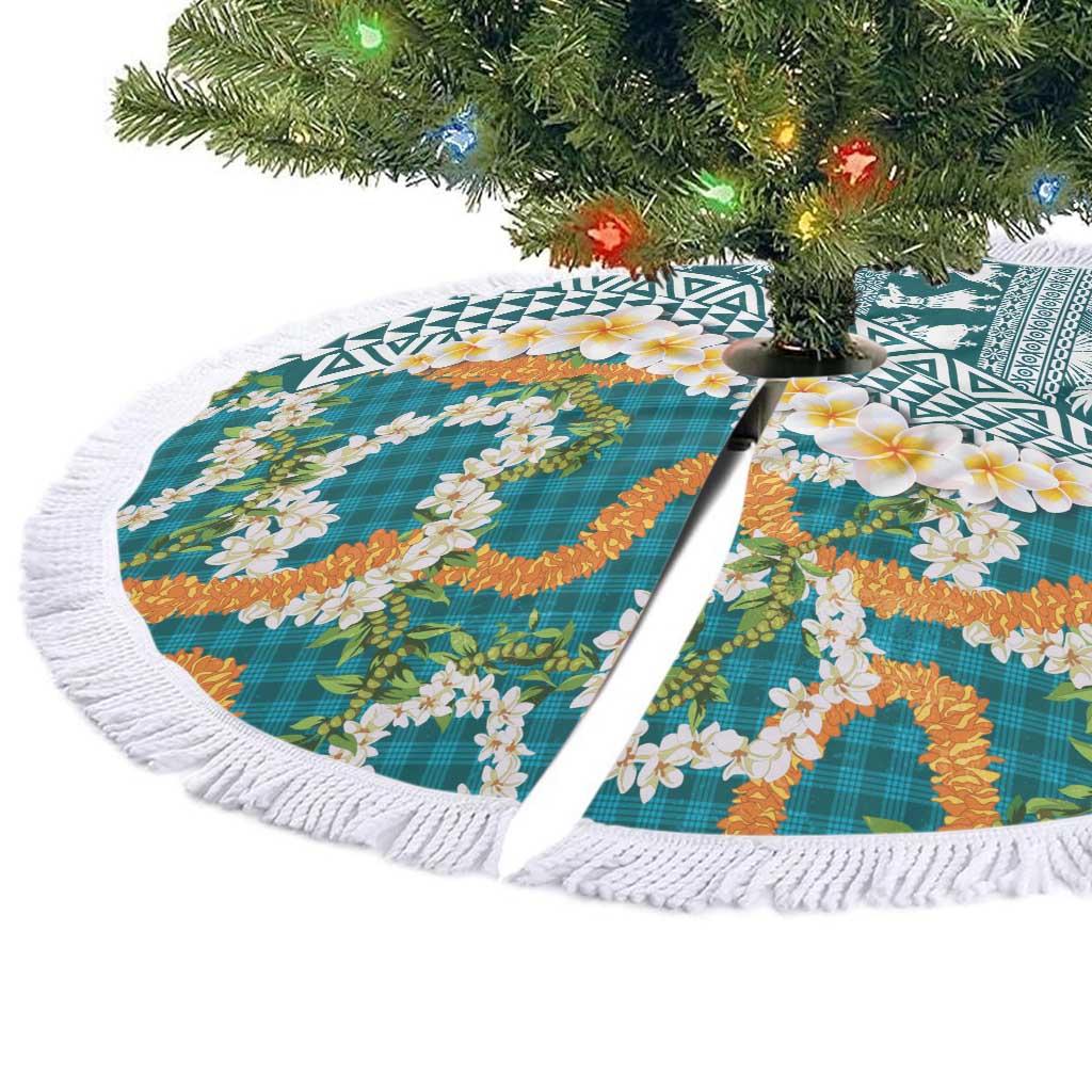Hawaiian Plumeria Lei Tree Skirt Kakau Motifs and Palaka Half Style Turquoise Color - Polynesian Pride