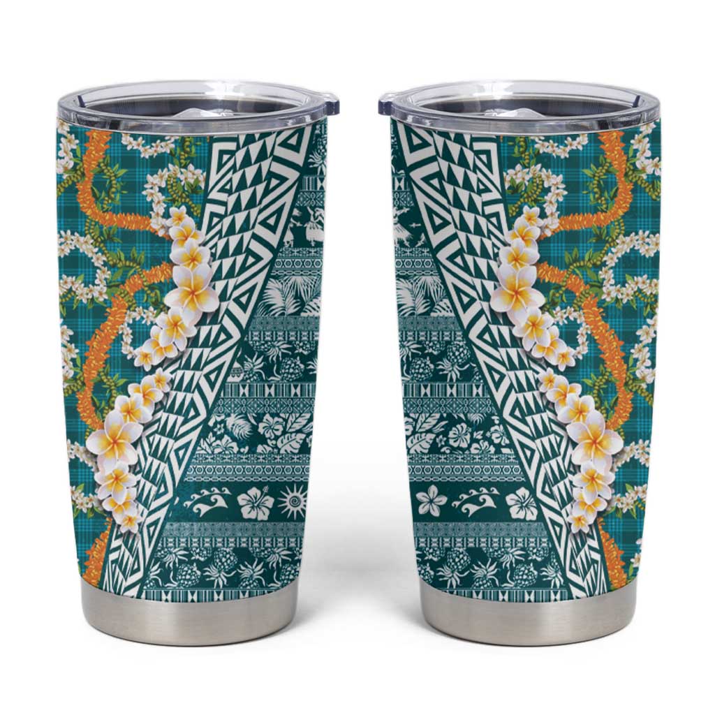 Hawaiian Plumeria Lei Tumbler Cup Kakau Motifs and Palaka Half Style Turquoise Color - Polynesian Pride
