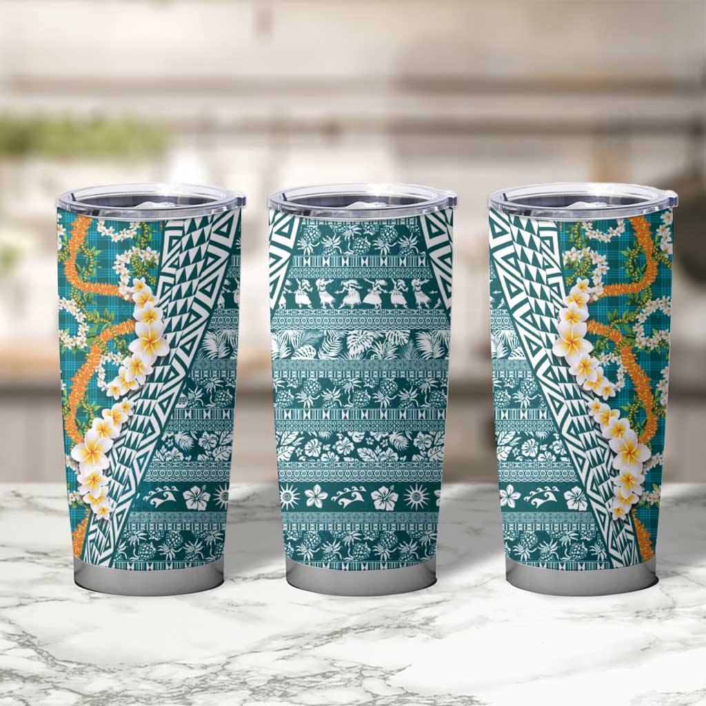 Hawaiian Plumeria Lei Tumbler Cup Kakau Motifs and Palaka Half Style Turquoise Color - Polynesian Pride