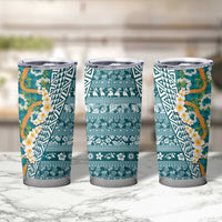 Hawaiian Plumeria Lei Tumbler Cup Kakau Motifs and Palaka Half Style Turquoise Color - Polynesian Pride