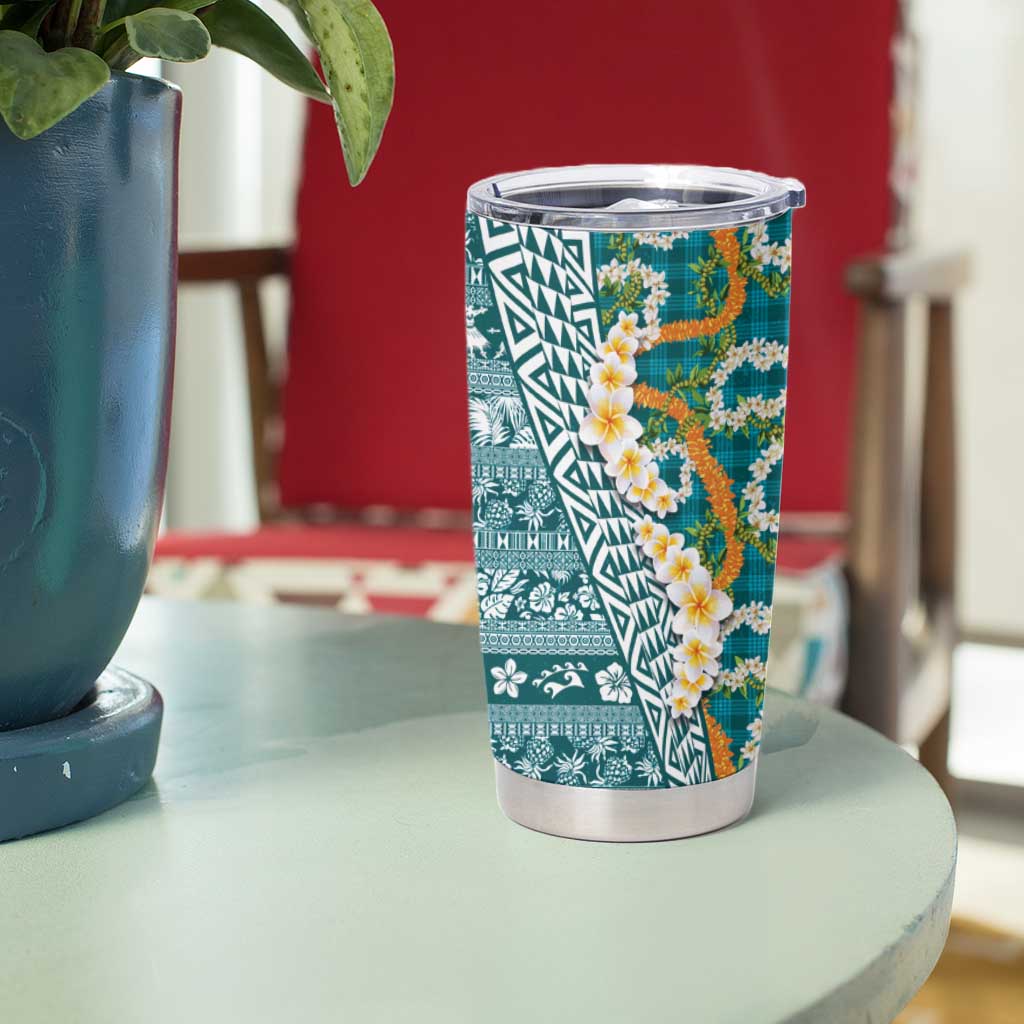 Hawaiian Plumeria Lei Tumbler Cup Kakau Motifs and Palaka Half Style Turquoise Color - Polynesian Pride