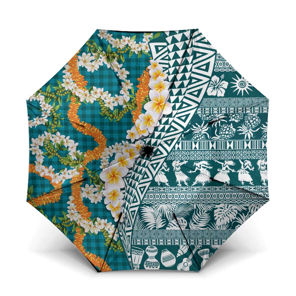 Hawaiian Plumeria Lei Umbrella Kakau Motifs and Palaka Half Style Turquoise Color - Polynesian Pride