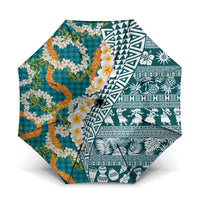 Hawaiian Plumeria Lei Umbrella Kakau Motifs and Palaka Half Style Turquoise Color - Polynesian Pride