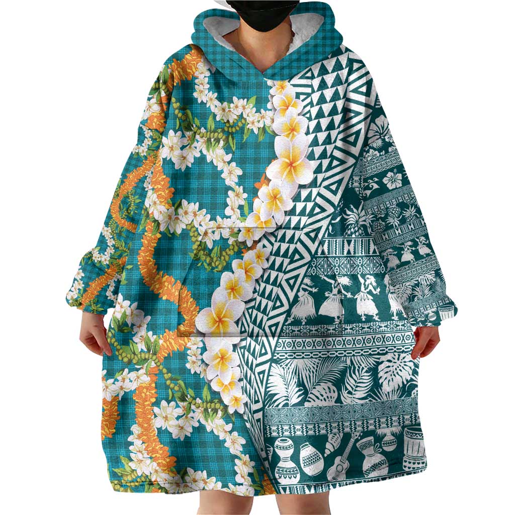 Hawaiian Plumeria Lei Wearable Blanket Hoodie Kakau Motifs and Palaka Half Style Turquoise Color - Polynesian Pride