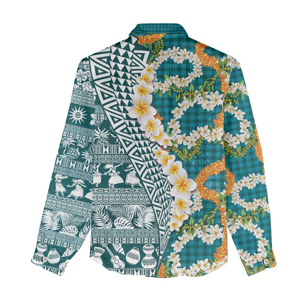 Hawaiian Plumeria Lei Women Casual Shirt Kakau Motifs and Palaka Half Style Turquoise Color - Polynesian Pride