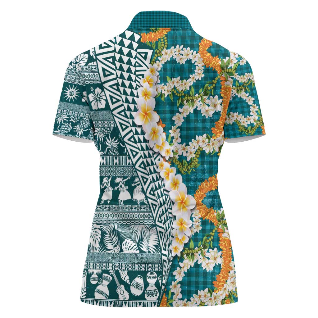 Hawaiian Plumeria Lei Women Polo Shirt Kakau Motifs and Palaka Half Style Turquoise Color - Polynesian Pride