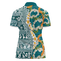Hawaiian Plumeria Lei Women Polo Shirt Kakau Motifs and Palaka Half Style Turquoise Color - Polynesian Pride