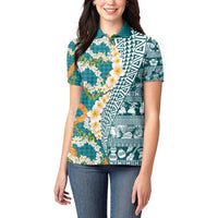 Hawaiian Plumeria Lei Women Polo Shirt Kakau Motifs and Palaka Half Style Turquoise Color - Polynesian Pride