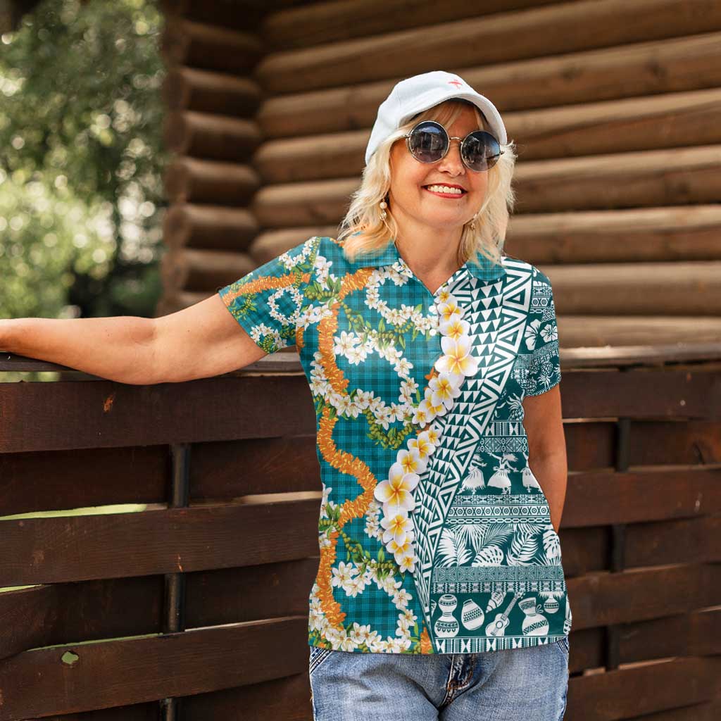 Hawaiian Plumeria Lei Women Polo Shirt Kakau Motifs and Palaka Half Style Turquoise Color - Polynesian Pride