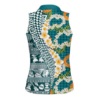 Hawaiian Plumeria Lei Women Sleeveless Polo Shirt Kakau Motifs and Palaka Half Style Turquoise Color - Polynesian Pride
