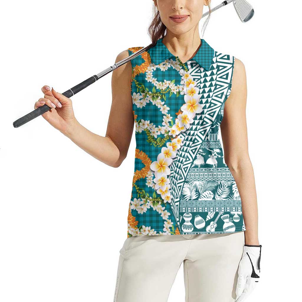 Hawaiian Plumeria Lei Women Sleeveless Polo Shirt Kakau Motifs and Palaka Half Style Turquoise Color - Polynesian Pride
