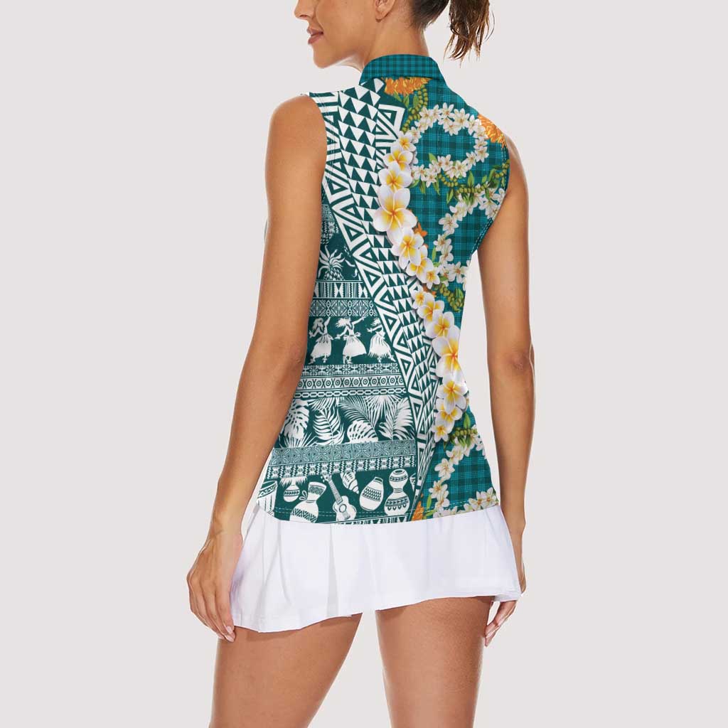 Hawaiian Plumeria Lei Women Sleeveless Polo Shirt Kakau Motifs and Palaka Half Style Turquoise Color - Polynesian Pride