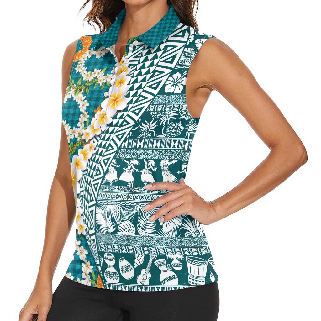Hawaiian Plumeria Lei Women Sleeveless Polo Shirt Kakau Motifs and Palaka Half Style Turquoise Color - Polynesian Pride