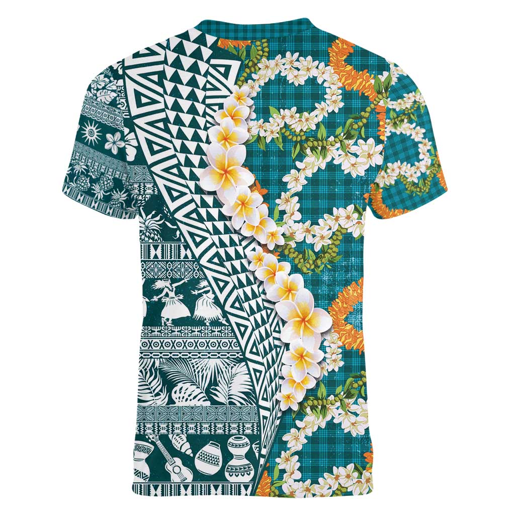 Hawaiian Plumeria Lei Women V-Neck T-Shirt Kakau Motifs and Palaka Half Style Turquoise Color - Polynesian Pride