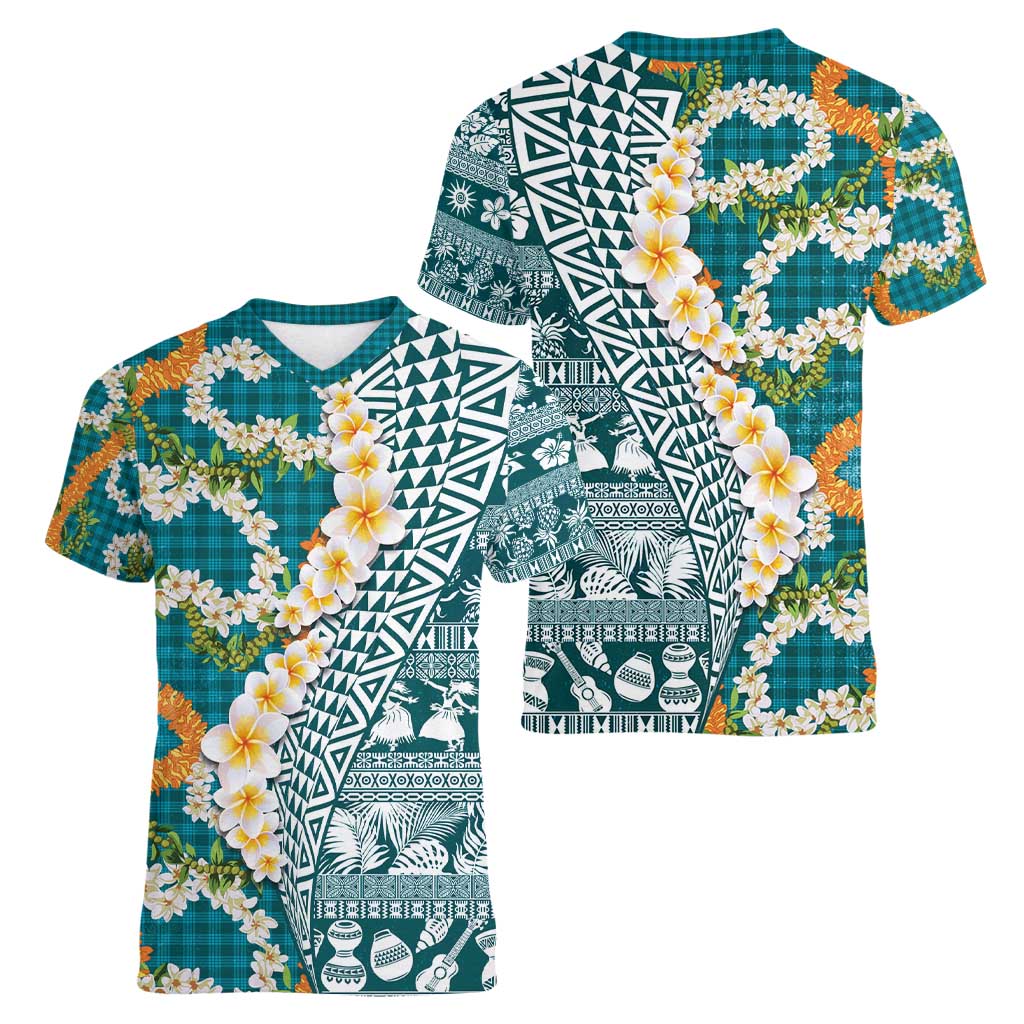 Hawaiian Plumeria Lei Women V-Neck T-Shirt Kakau Motifs and Palaka Half Style Turquoise Color - Polynesian Pride