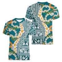 Hawaiian Plumeria Lei Women V-Neck T-Shirt Kakau Motifs and Palaka Half Style Turquoise Color - Polynesian Pride